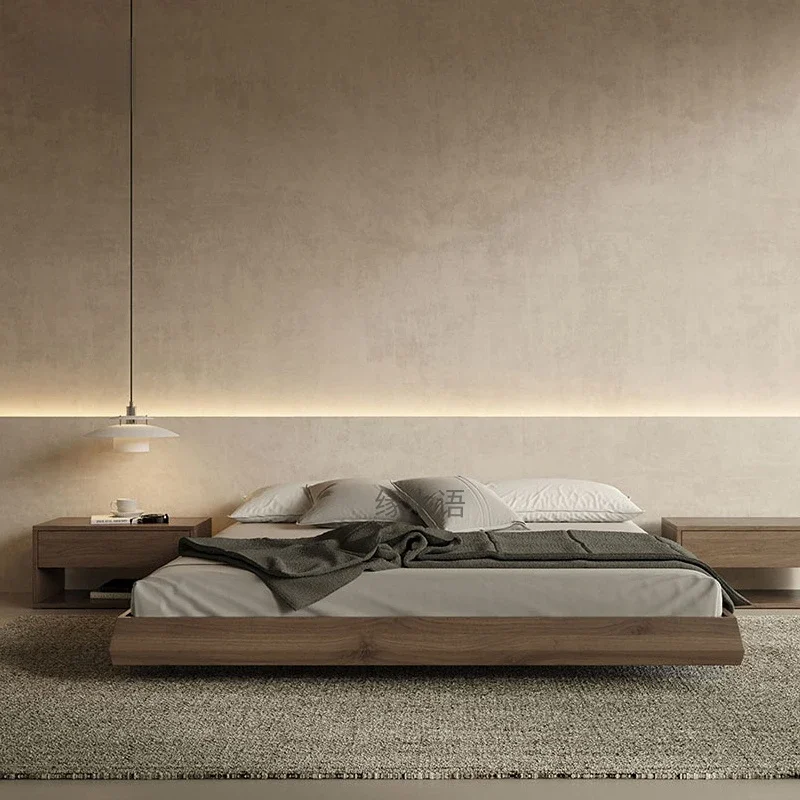 

Bed Customized quiet light luxury minimalist oak black headless suspended Nordic black walnut solid wood double frame