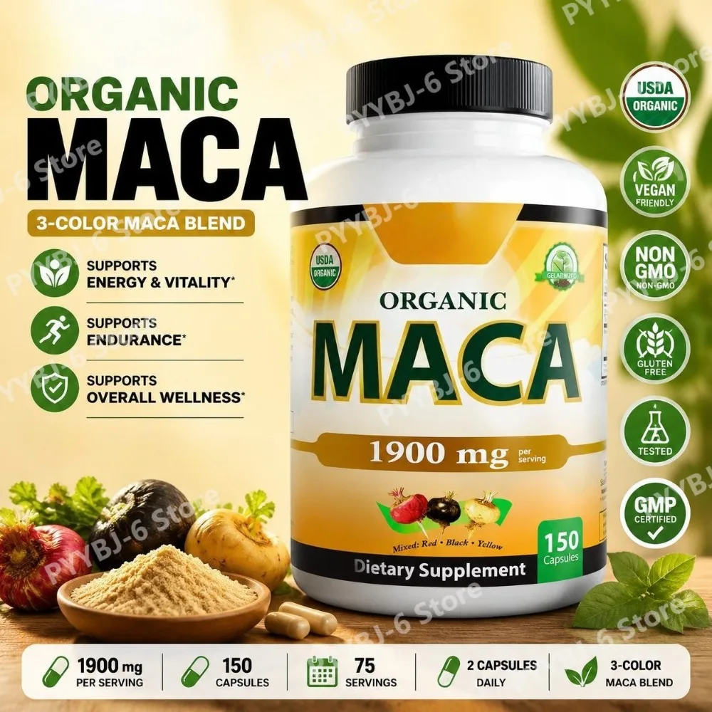 Organic Maca Root Capsules 1900mg 3-Color Blend Red Black Yellow Maca Non-GMO Gluten-Free Dietary Supplement 150 Capsules