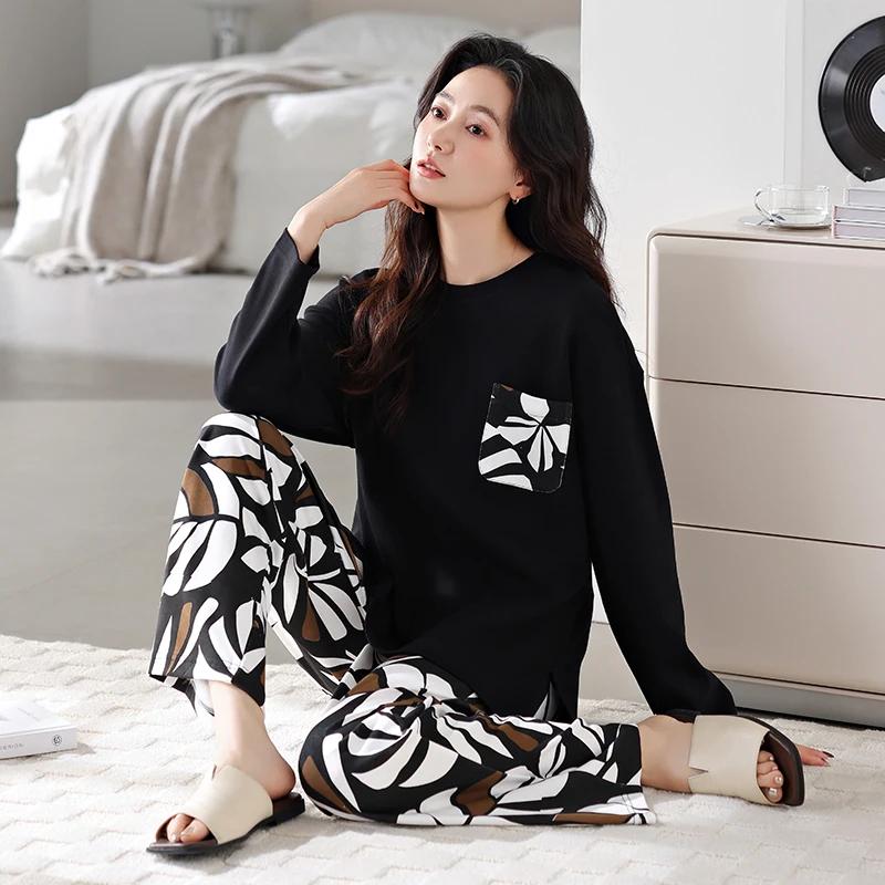 

Newest Summer Solid Pajamas Set Women Cotton Sleepwear Female Short Top+Calf-Length Pant Pyjamas