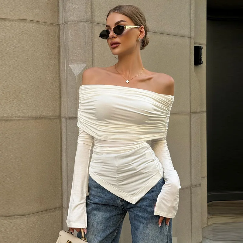 Talenza Off Shoulder Long Sleeve Top Women\'s Sexy Slim Fit Pullover Top White Pleated High Waist Long Sleeve Off Shoulder Top