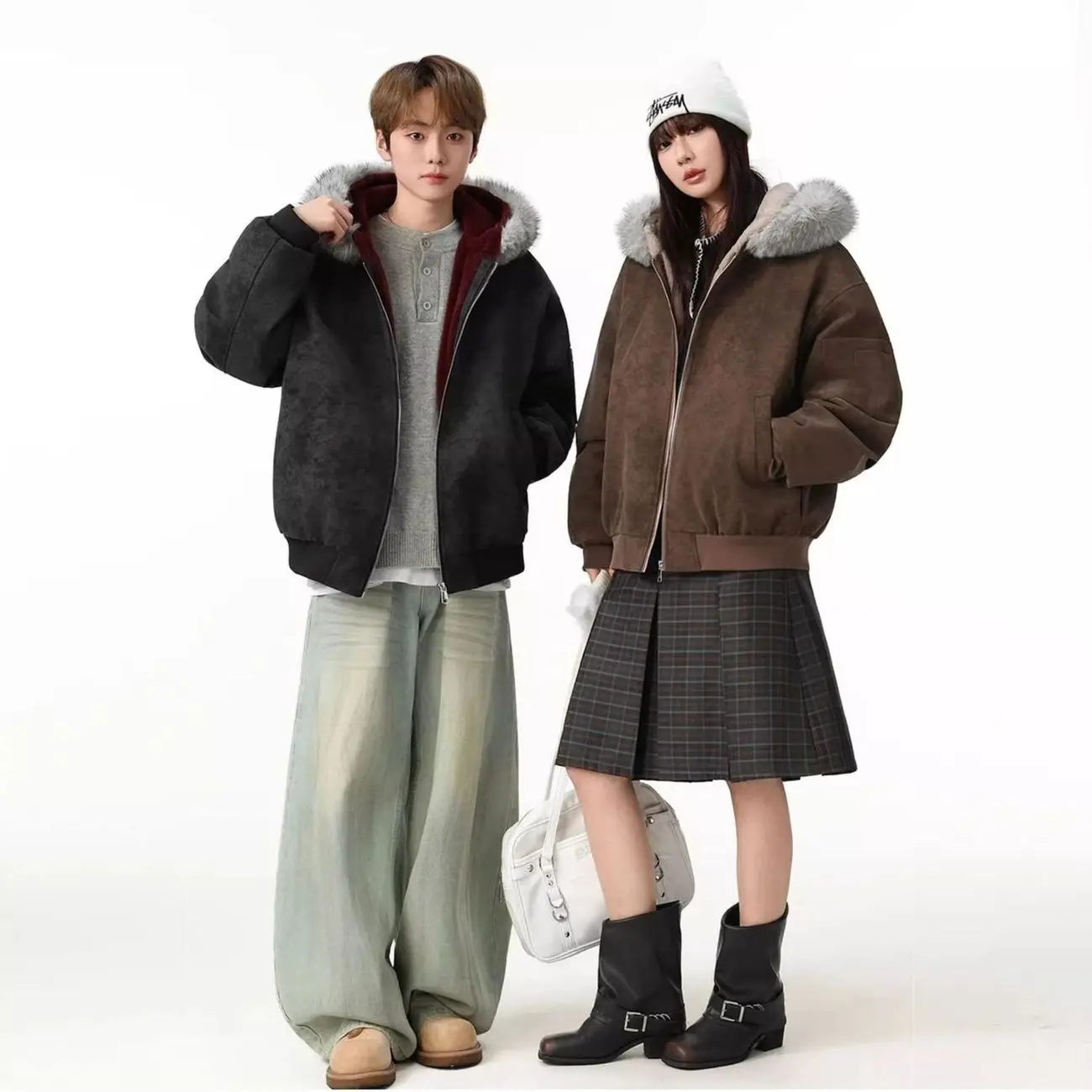 Loose Pu Leather Soft Cotton Coat For Men And Women Parkas Outwear Double-Sided Fleece-Lined Hooded Cotton Padded Jacket