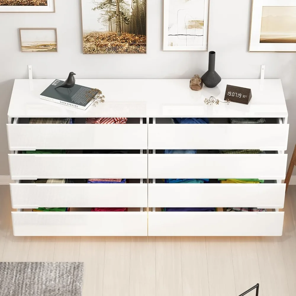 Homsee Large 8 Drawer Double Dresser with LED Light, Modern Dresser Chest of Drawers with High Gloss Surface for Bedroom, White