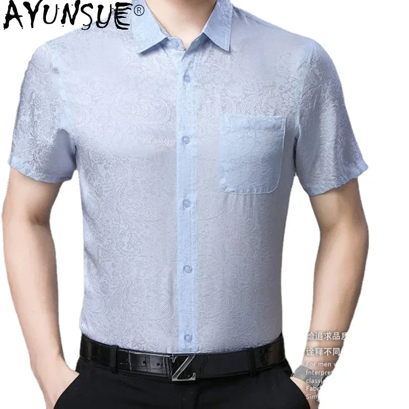

AYUNSUE 100% Mulberry Real Silk Shirt for Men New Short Sleeved Shirts Men's Clothing Stand Collar Pockets T Shirt Men Camisetas