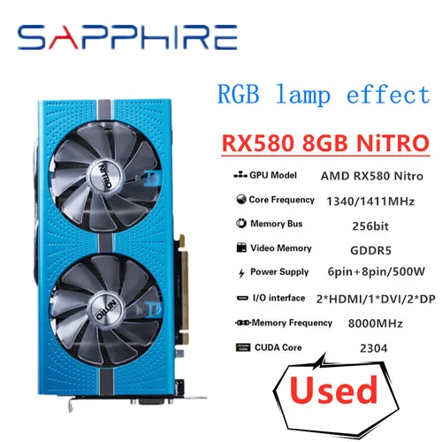 SAPPHIRE-tarjeta gráfica Original RX 580 8G NITRO, tarjeta gráfica de juego RX 580, GDDR5, tarjeta de función de Efecto de lámpara RGB de 256 bits, 35% de descuento