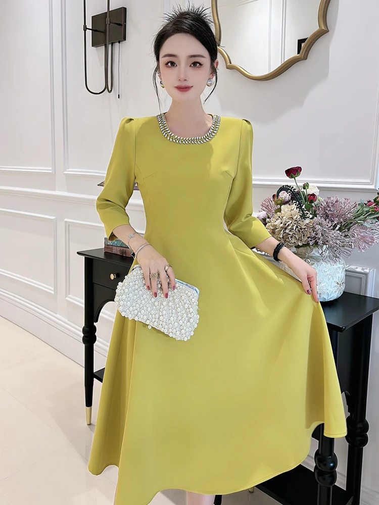 ZJYT Elegant Diamonds O Neck Simple Party Dress Women 2024 Fashion Spring Three Quarter Sleeve Aline Dresses Casual Daily Pink