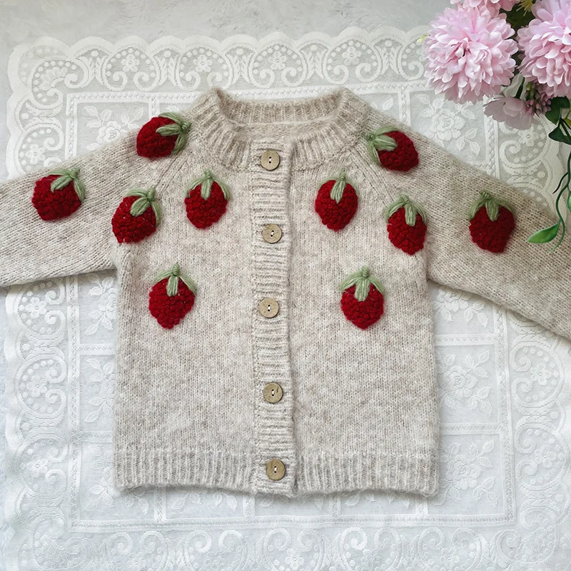 

24 Spring Kids Sweaters for Girls Cute 3D Strawberry Embroidery Knit Cardigan