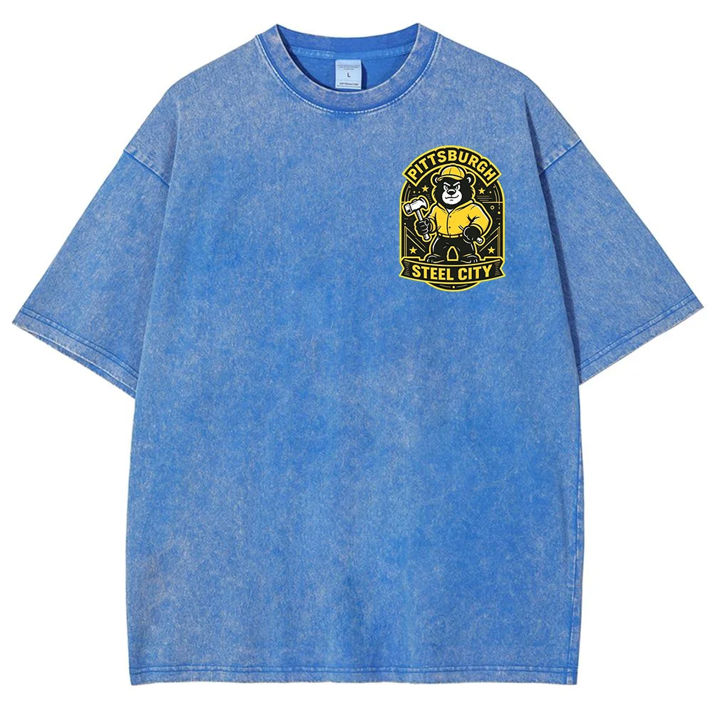 Men Pittsburgh Steel City Bear Graphic T Shirt Vintage Workwear Style Casual Short Sleeve Streetwear Top