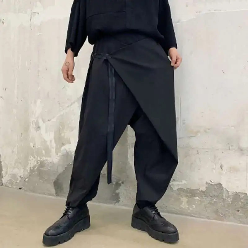 Cruz Streetwear Mascuo Splice Japão Fita Casual Homens Preto Solto Hip Hop Punk Gótico Harem Calças