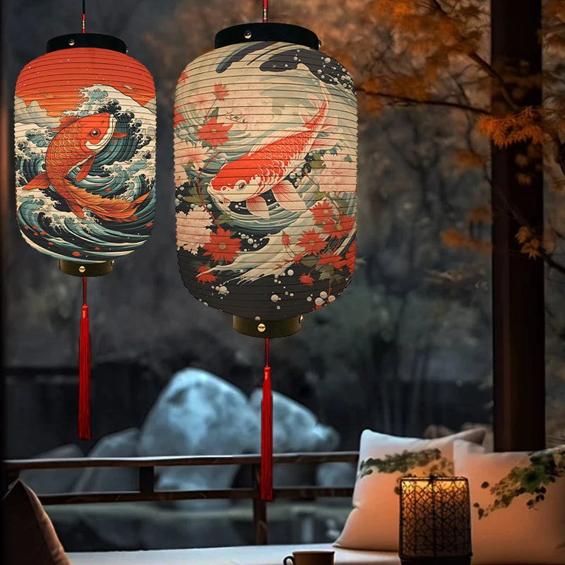 

New Year Japanese Traditional Lantern Lucky Koi Goldfish Printed Hot Pot Izakaya Japanese Restaurant Lantern Decor Chandelier