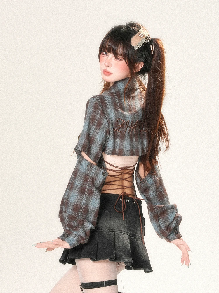 

High Quality Hot Selling Wholesale Retro Plaid Personalized Shirt Women's Long Sleeved Shoulder Cinched Waist Top Blouses Y2k