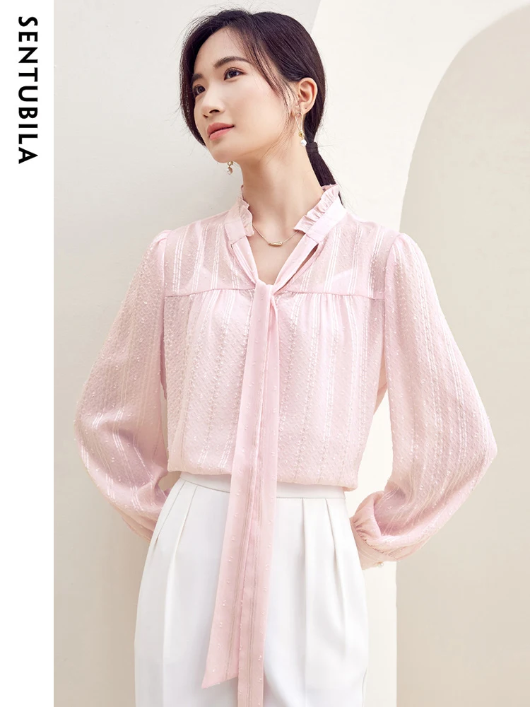 

SENTUBILA Fashion Woman Chiffon Blouse 2024 Gentle Lantern Long Sleeve Female Striped Ruffle Neck Lace-Up Shirt Tops 133V50804