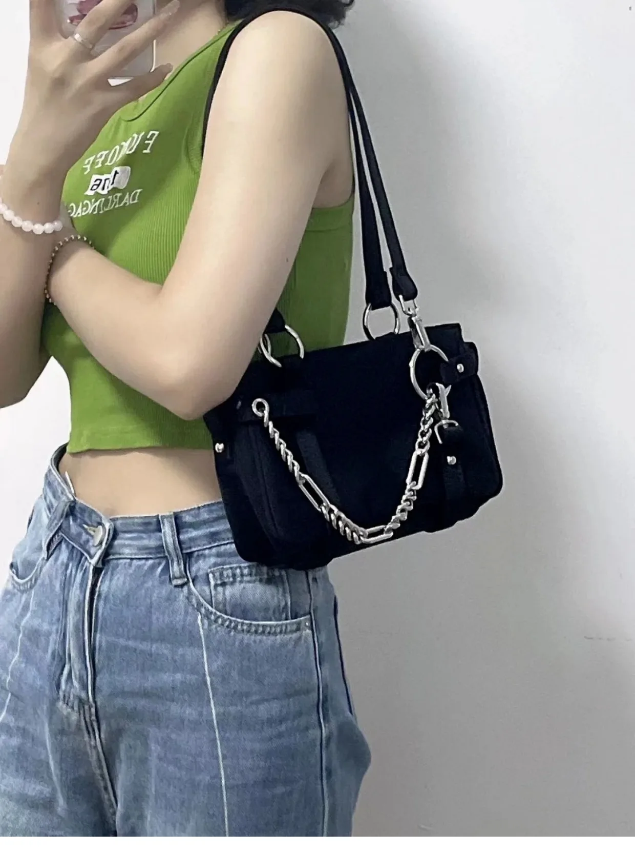 Fashion Design Gothic Chain Ladies Underarm Bag Sweet Cool Y2k Women Square Shoulder Bags Black Pop Female Tote Handbag Purse