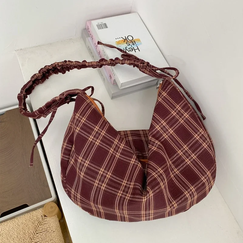 Vintage Plaid frauen Schulter Umhängetaschen Große Kapazität Damen Plissee Unterarm Tasche Retro Mädchen Kordelzug Tote Handtaschen