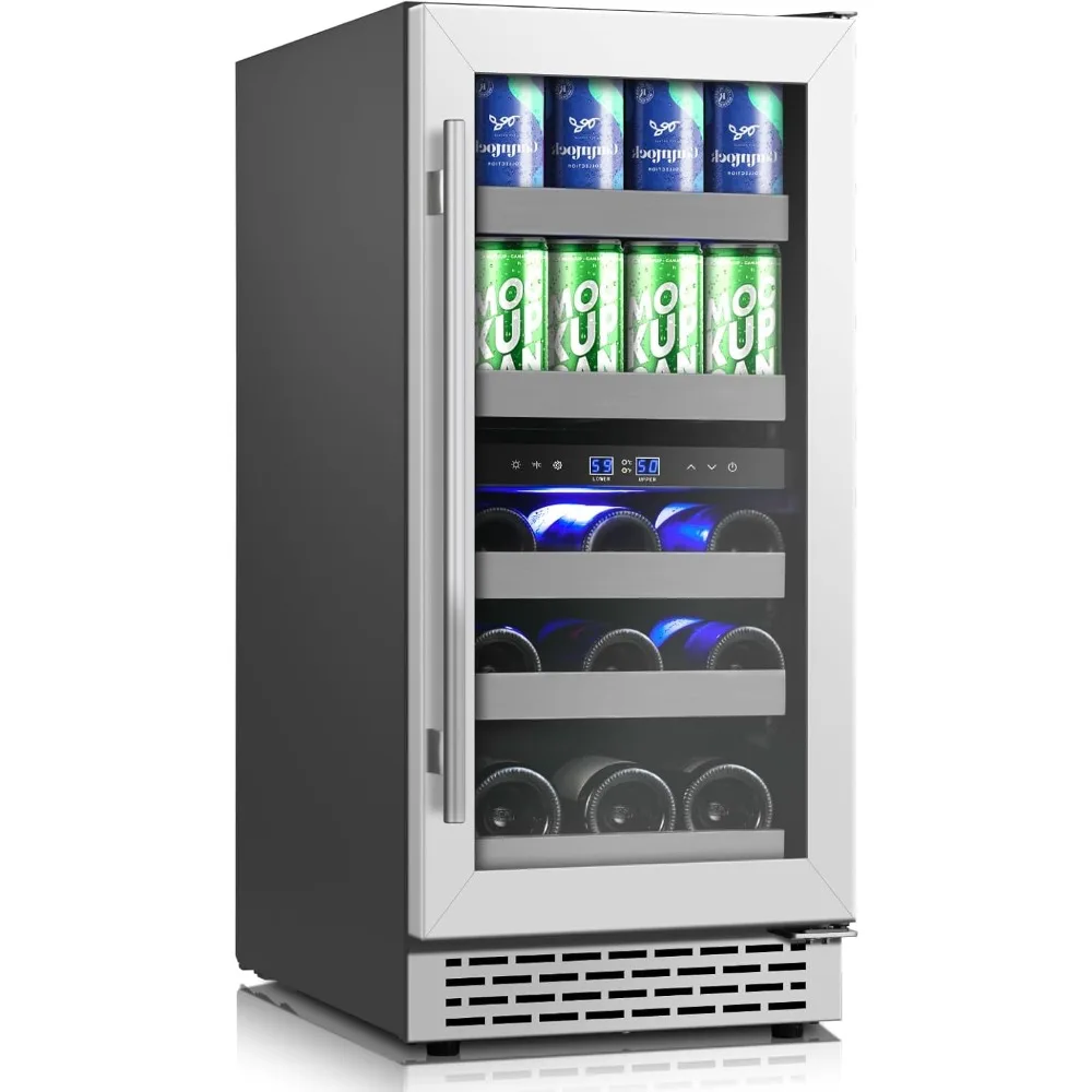 

15 Inch Wine and Beverage Refrigerator, 13 Bottle & 48 Cans Dual Zone Wine Cooler, 37-65°F, Freestanding/Under Counter Beverage