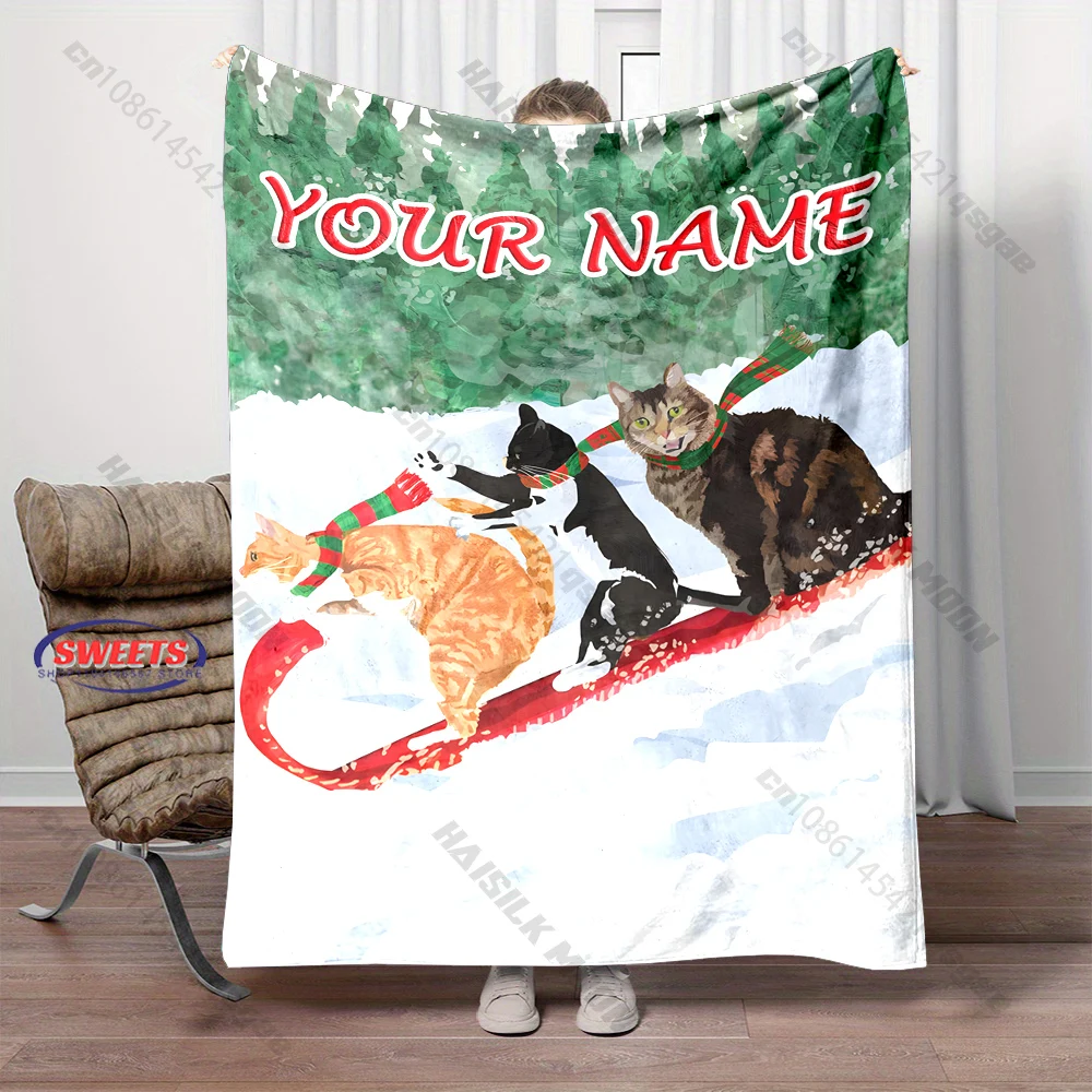 Personalized Name Sledding Cats Christmas Throw Blanket Three Cats Winter Snow Forest Scarf Print Blanket Cat Lover Xmas Gift