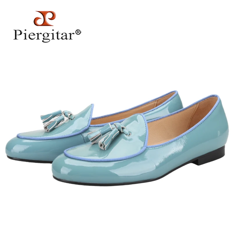 Piergitar Sky Blue And Black Patent Leather Slip-On Loafers With Handmade Matching Color Tassel Classic Model Men's Casual Shoes