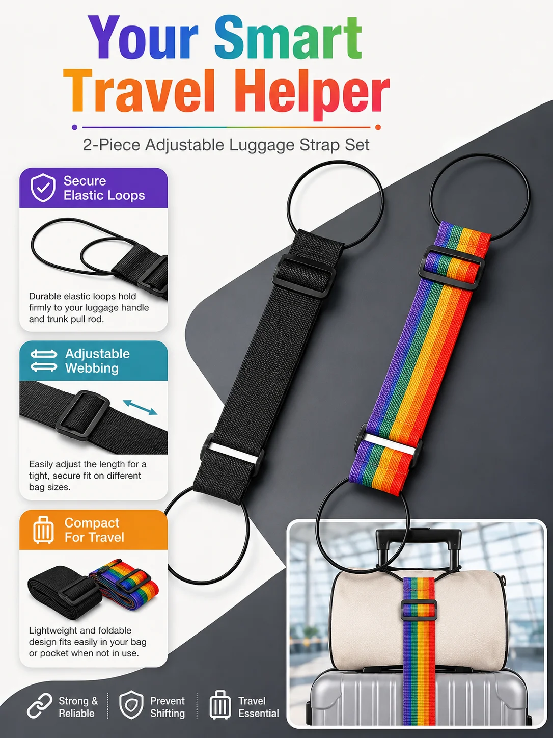 Travel Suitcase Connecting Belt Rainbow Black Luggage Fix Strap Adjustable Buckle Bag Holder Strap For Airport Trip Accessories