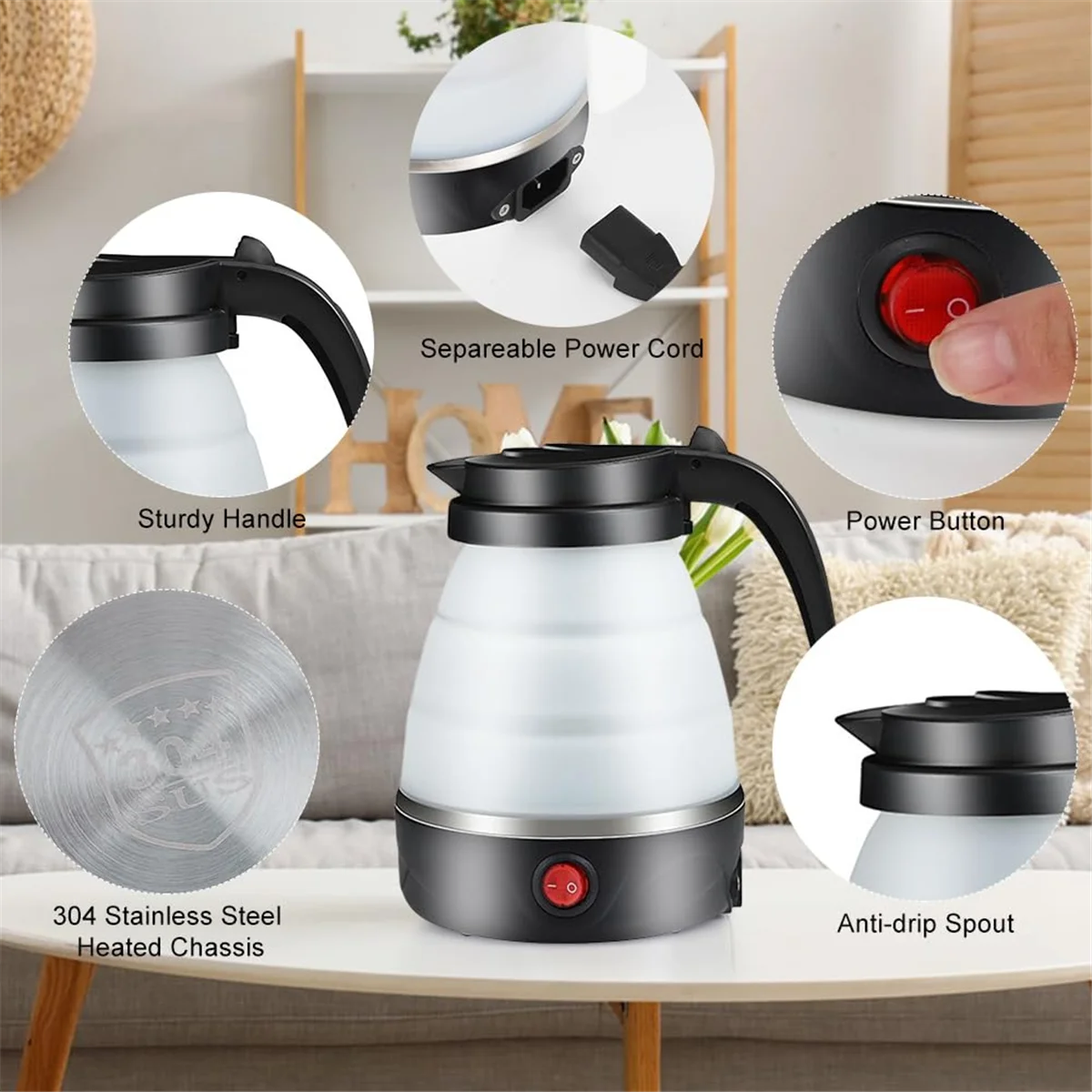 سيليكون قابل للطي مع أكواب قابلة للطي ، غلاية تخييم صغيرة للسفر ، غلاية الاتحاد الأوروبي ، غلاية