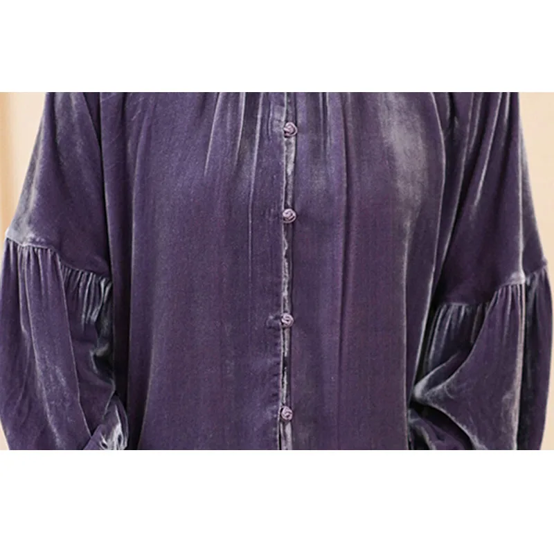 Silk Velvet Shirt for Women, Elegant Temperament Shirt, Mulberry Silk, Vintage Blouse, Violet Light, Comfortable, Spring Autumn