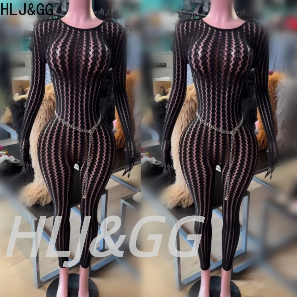 

HLJ&GG Sexy Mesh Stretchy See Though Bodycon Jumpsuits Women Round Neck Long Sleeve Slim Playsuits Fashion Print Overalls 2025
