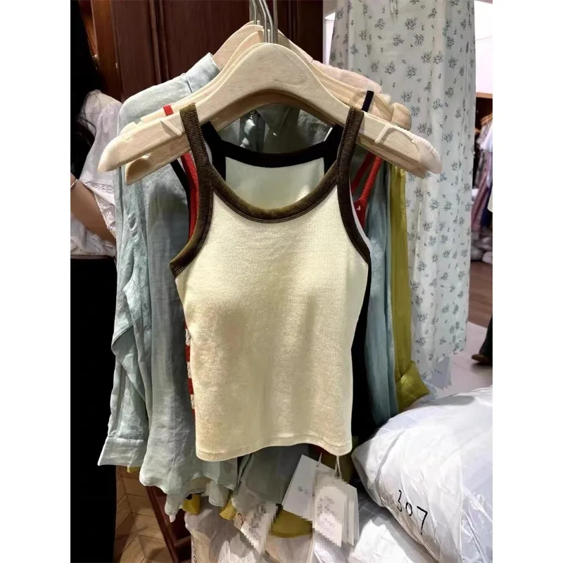 Women's Color-Block Ribbed Tank Top With Built-In Bra Casual Sleeveless Knit Crop Top For Summer