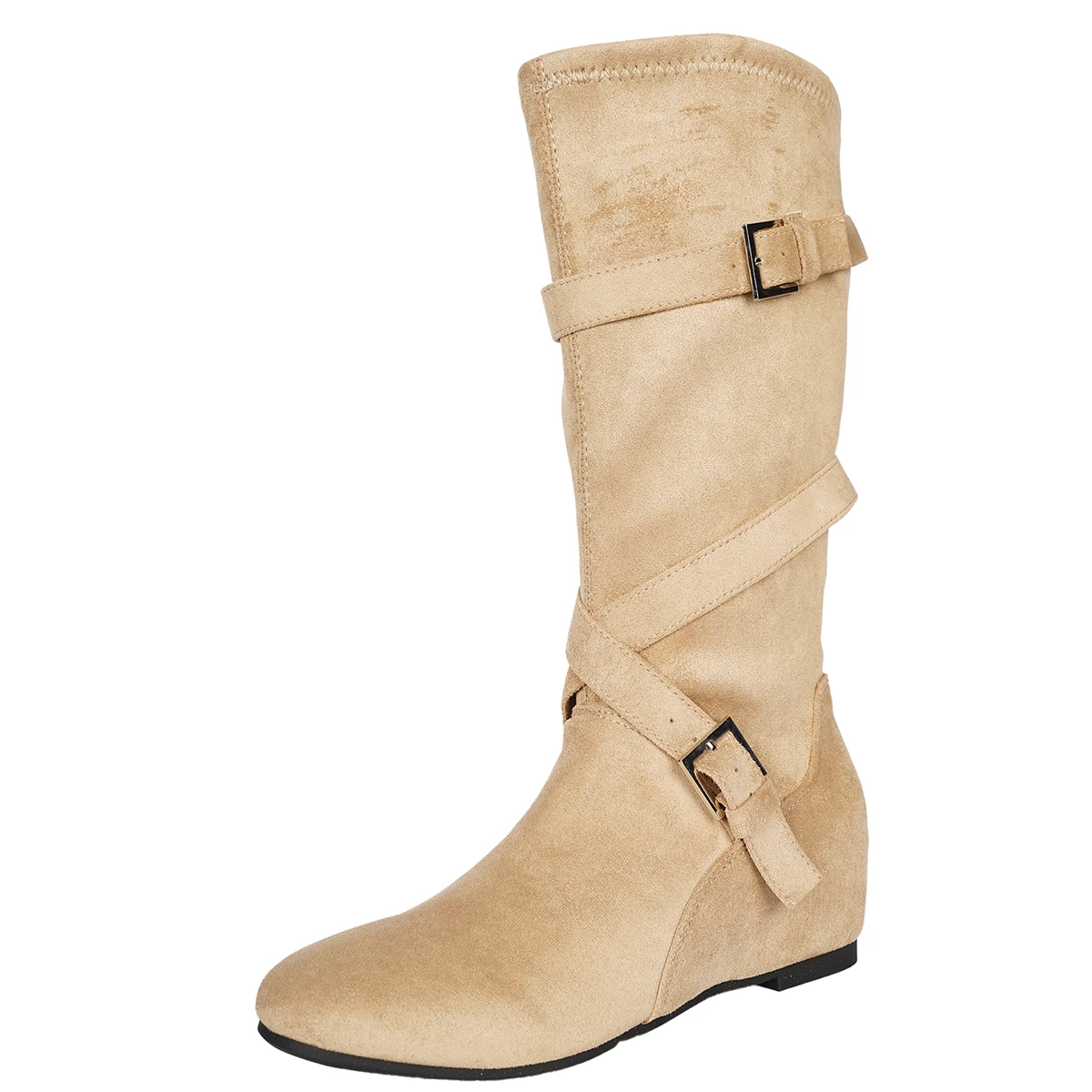 Height Increased Within 5cm, Maillard Retro Belt Buckle Knight Boots, Women's High Tube Pleated Pile Boots, Long Tube Boots
