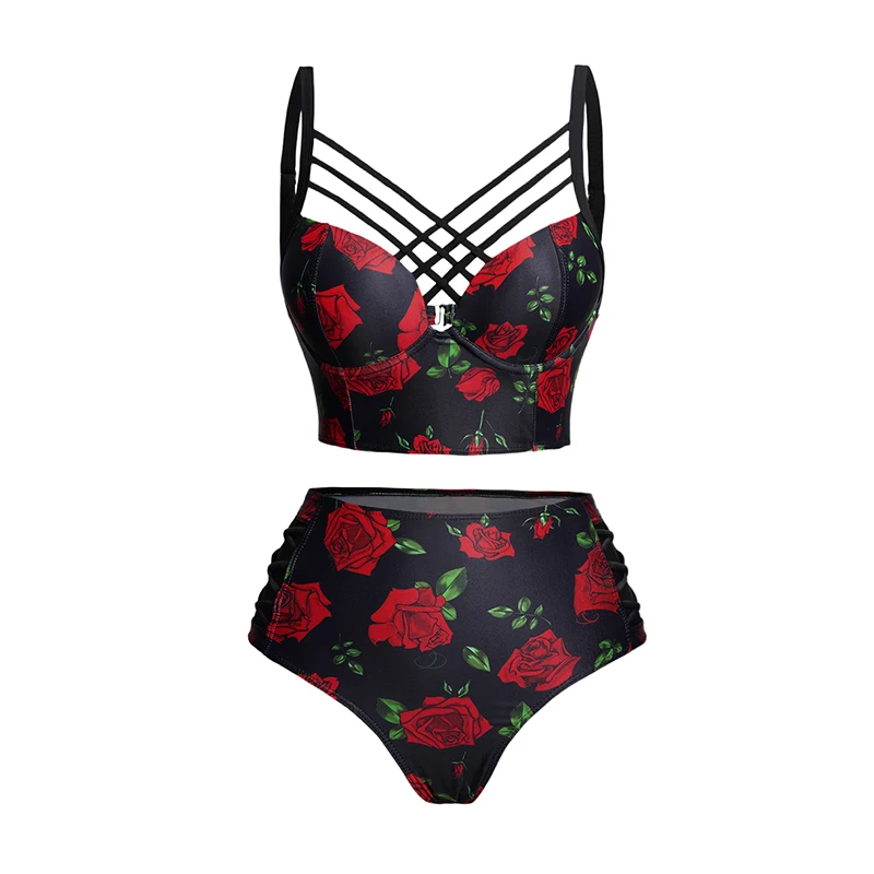 Dressfo Women's Bikinis Set Swimsuit Valentine's Day Rose Print Underwire Crisscross High Waisted Bikini Swimwear Set