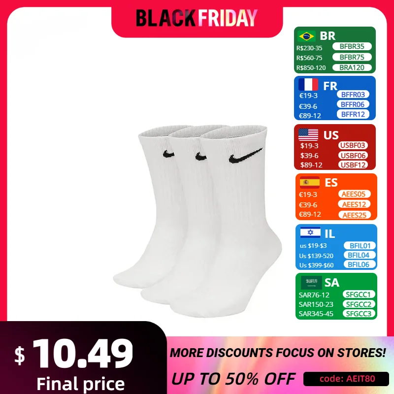 Nike Everyday Lightweightcrew Unisex Sports Socks Men's and Women's 3 Pairs Stockings for Athletic Training S M L XL SX7676