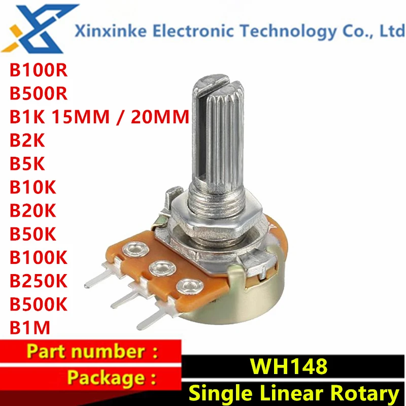 5PCS WH148 3PIN B1K 2K 5K10K 20K 50K 100K 500K Ohm 15MM Rezystor Pojedynczy Liniowy Obrotowy Regulowany Potencjometr B1M B100R B500R