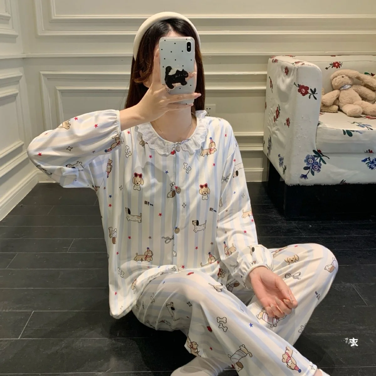 

Cloud Cotton Cartoon Dog Print Sleepwear Set Women's Spring Autumn Long Sleeve Lace Trim Cardigan Sweet Home Clothes Set