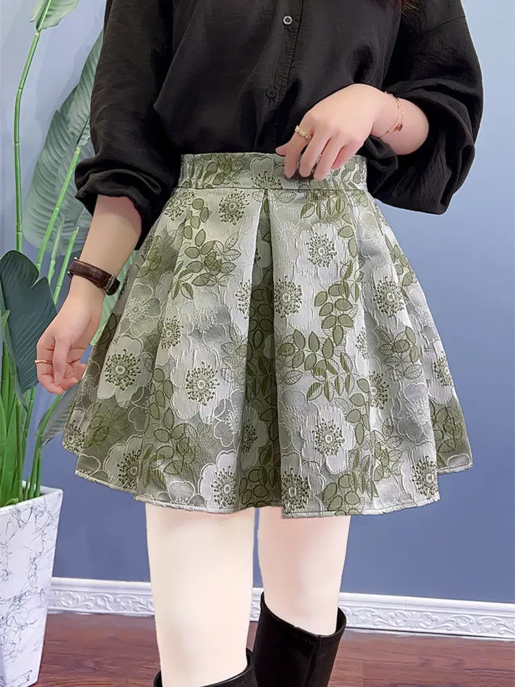 Age Reduction Female Puffy Skirt 2026 New Spring Summer Green Jacquard A-line Skirt All-match High Waist Elegant Mini Skirts