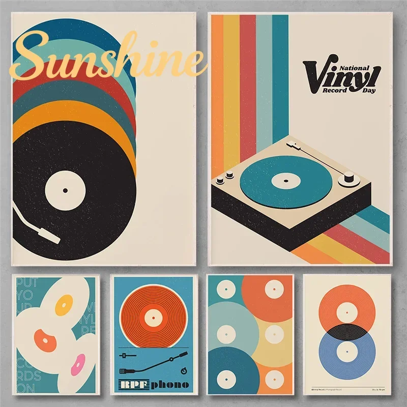 (No frame)Retro Vinyl Record Print Mid Century Music Minimal Pastel Poster Colorful Wall Art Trendy Minimalist Turntable Home