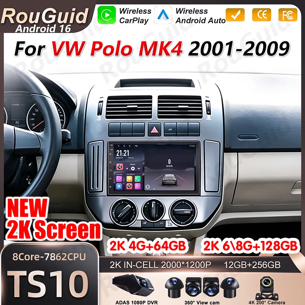 Android 16 Auto Carplay Car Radio For VW Polo MK4 2001 2002 2003 - 2009 Multimedia Player BT GPS Navigation 5G Wifi Stereo RSD
