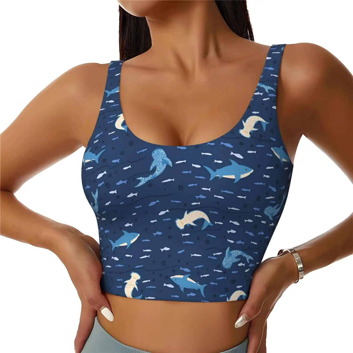 Underwater Shark School Women's Sports Bra Yoga Crop Gym Tank Tops U Back Exercise Workout Top Removable Pads Fitness