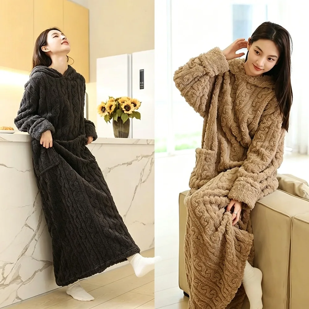 Thickened Fluffy Coral Fleece Nightgown Women's Winter Sleepwear Cute Hooded Robe Knotted Pure Color Long Length Sleep Dress