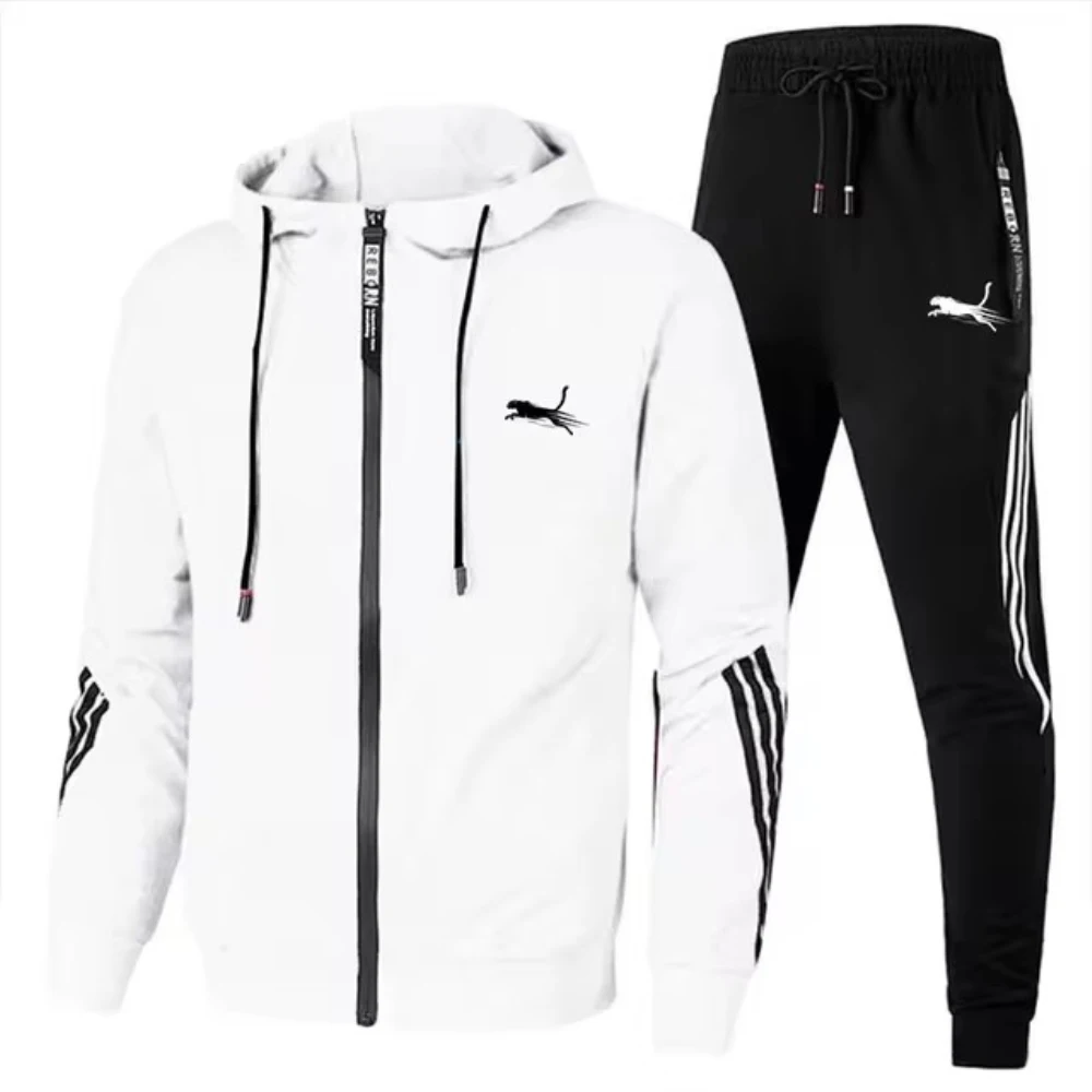 2024 New Trendy Casual Men\'s Hoodie and Trousers Two-piece Sportswear Suit Zippered Hooded Sweatshirt Sweatpants