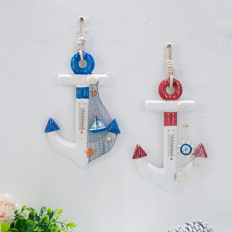 

23cmIron Anchor Thermometer Mediterranean Wooden Anchor Home Decoration Marine Style Children's Room PendantAesthetic Room Decor