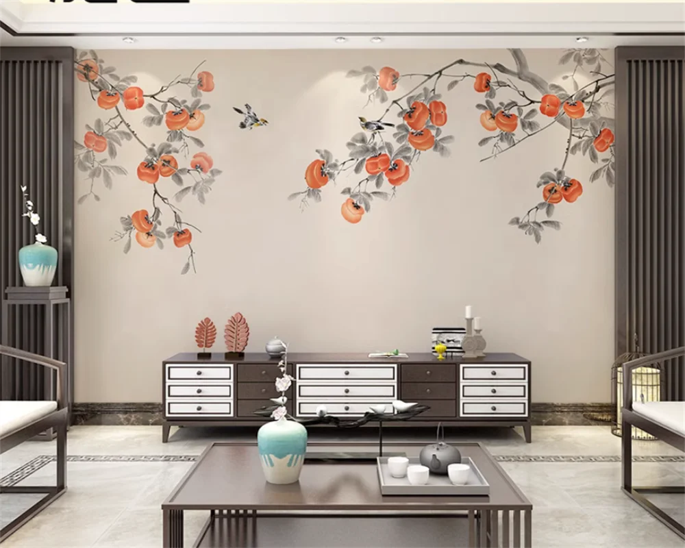 

beibehang Customized modern new Chinese style hand-painted persimmon meticulous flower and bird TV background wallpaper