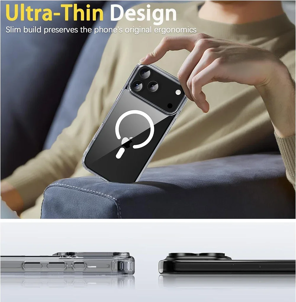 حافظة لهاتف Magsafe مغناطيسية عالية الدقة هجينة شفافة ناعمة لهاتف iPhone 17 17 Air 17 Pro Max غطاء مقاوم للصدمات من الأكريليك للشحن اللاسلكي