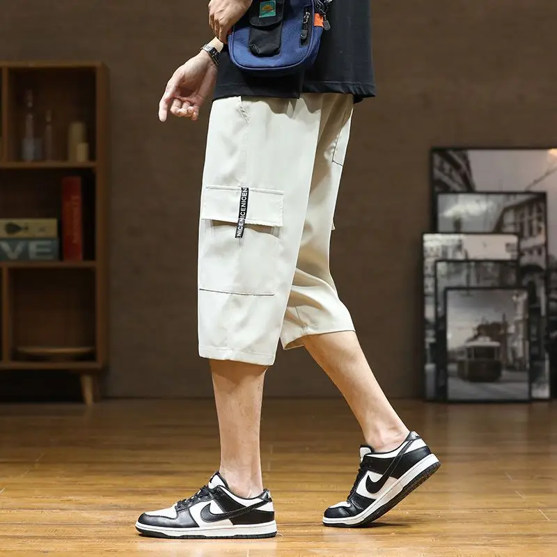 Summer Casual Fashion Simple Loose Thin Ice Silk Cargo Shorts Men New Solid Elastic Waist Drawstring Sports Straight Short Pants