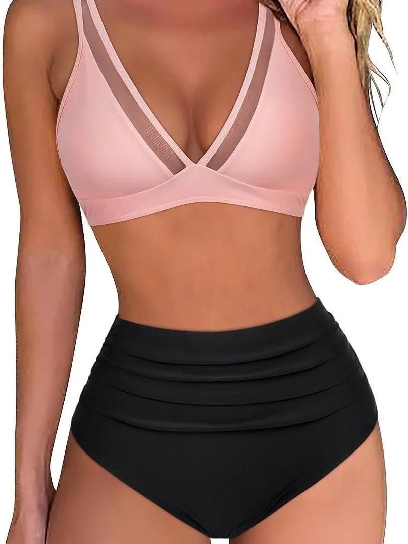 

Трансграничный сексуальный купальник-бикини, женский раздельный сетчатый купальник с высокой талией, для похудения, небольшой дизайн груди