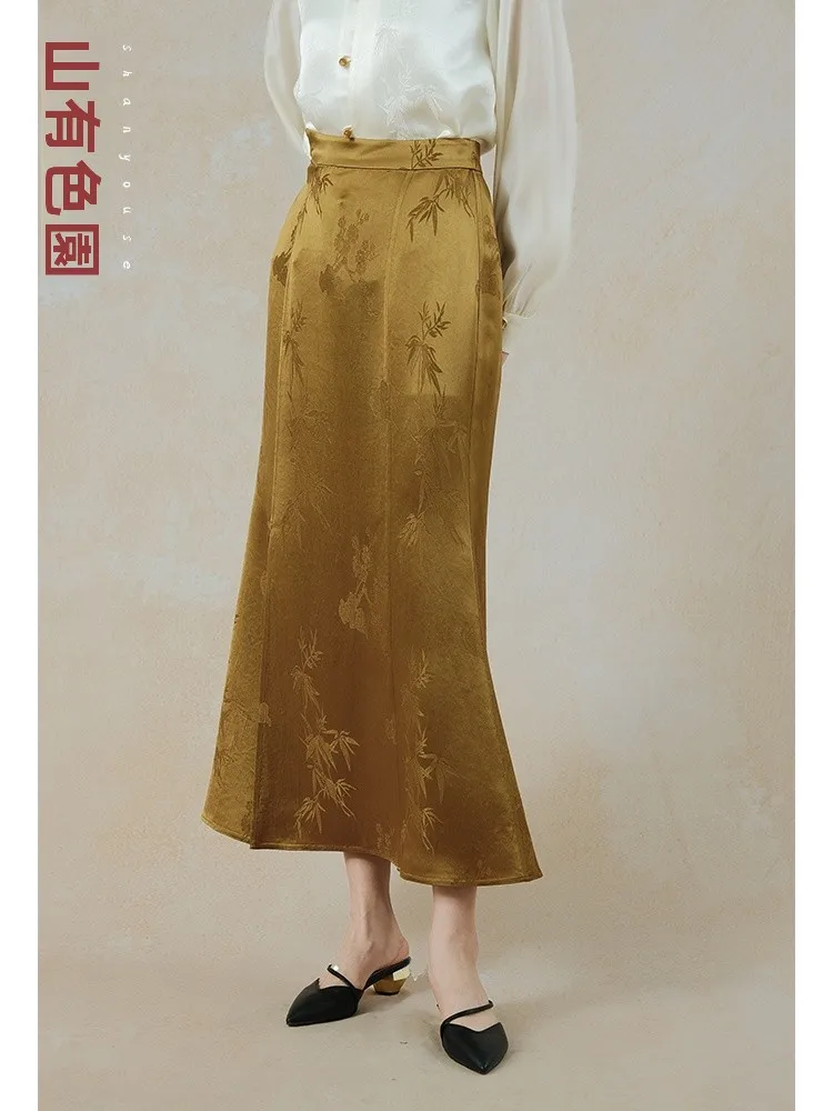 

an yue New Chinese Sle f Skirt Super Beautiful Unique Acetate Tea Gold f Body Skirt Ladies Faion Ethnic Wear