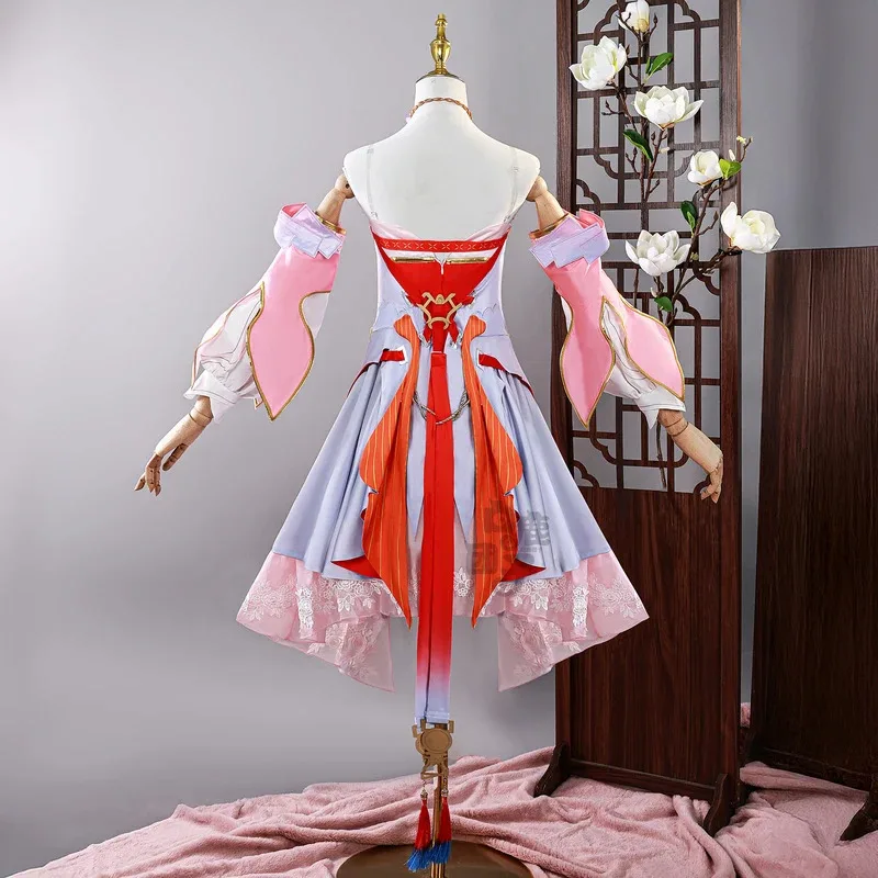 Jogo wuthering ondas jinhsi flor de pêssego cosplay traje peruca novo vestido de pele jinzhou magistrate jue feminino meninas halloween cos