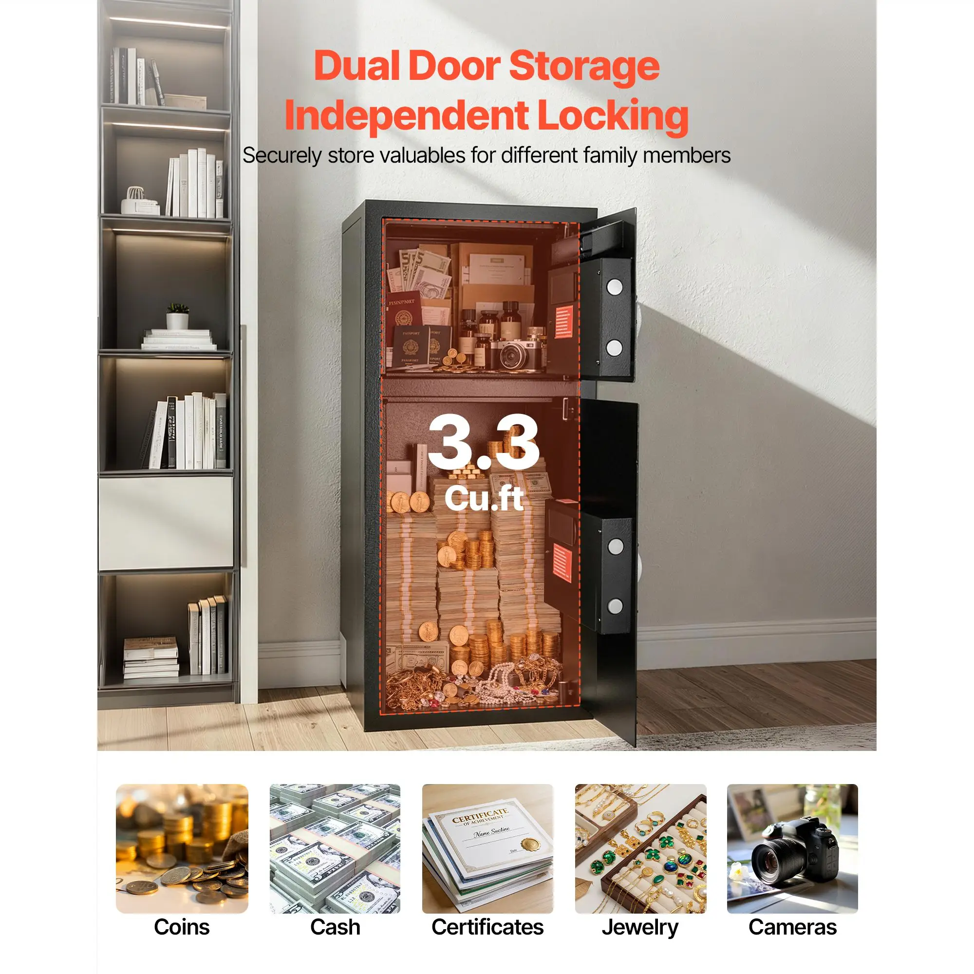 Double Door Safe Box, 3.3 Cu. Ft, Heavy Duty Home Safe with Electronic Keypad, Anti-Theft, Digital Safety Lock Box with Key, Drop Slot, for Money, Firearm, Jewelry, Document, Valuables, Black