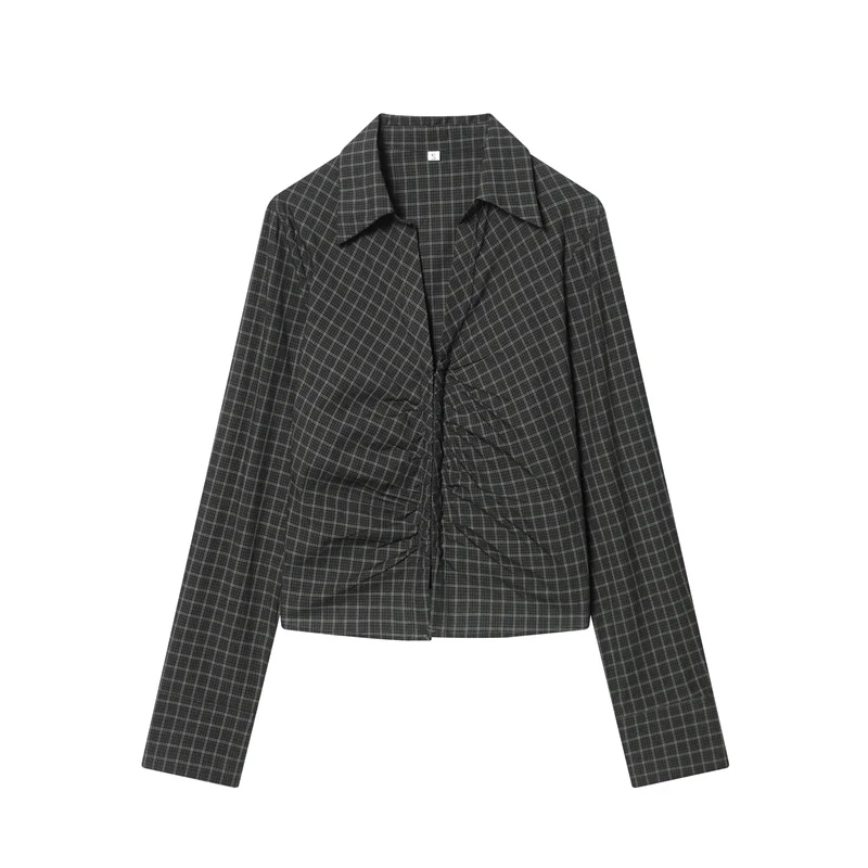 

Женская рубашка 2026, весенняя новая темно-серая клетчатая рубашка с длинными рукавами и плиссированными деталями, облегающая стильная и уникальная