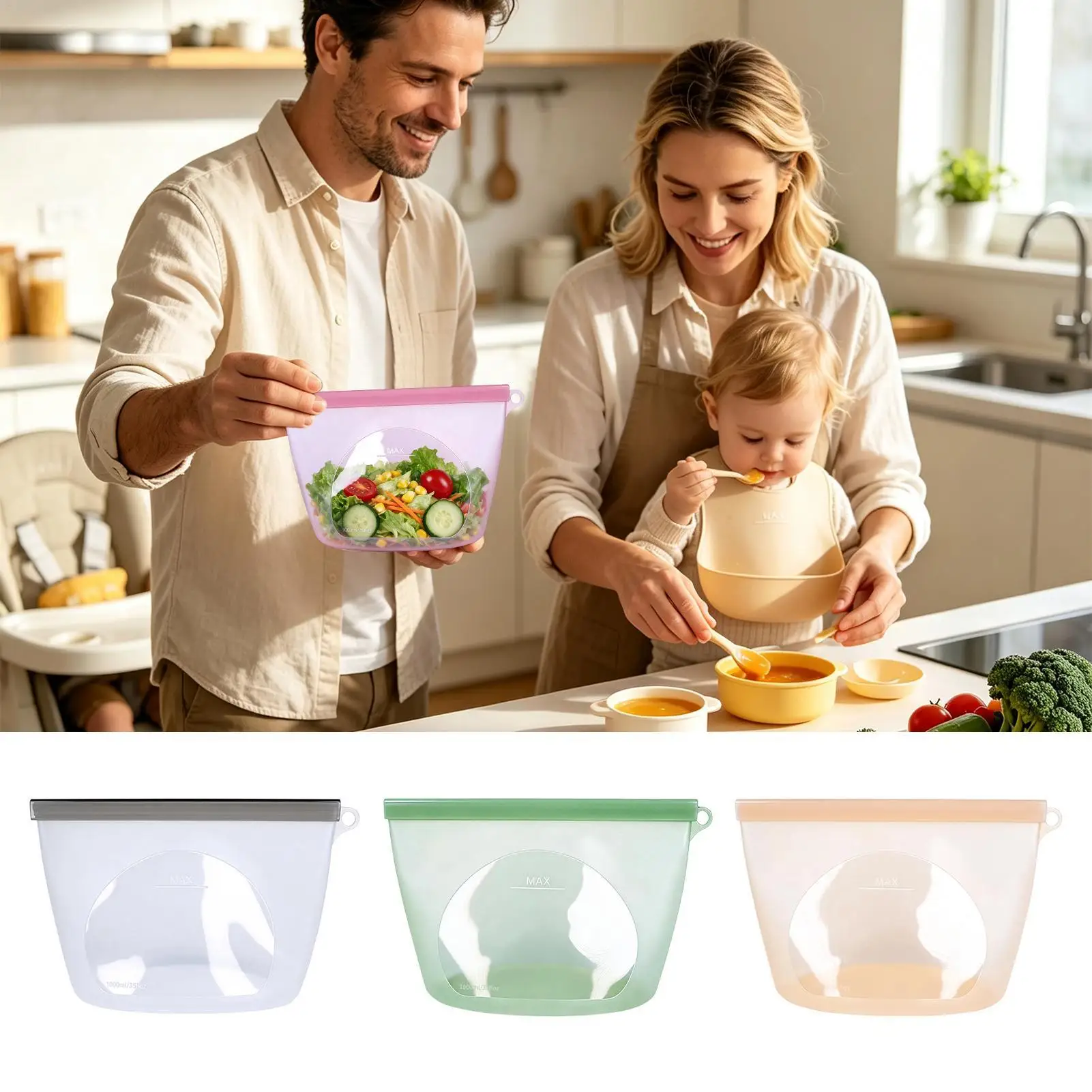 Reusable Food Storage Bags 1000ml Oven Safe Pouch With Writable Area Freezer Food Storage Bags For Snacks Vegetables Fruits