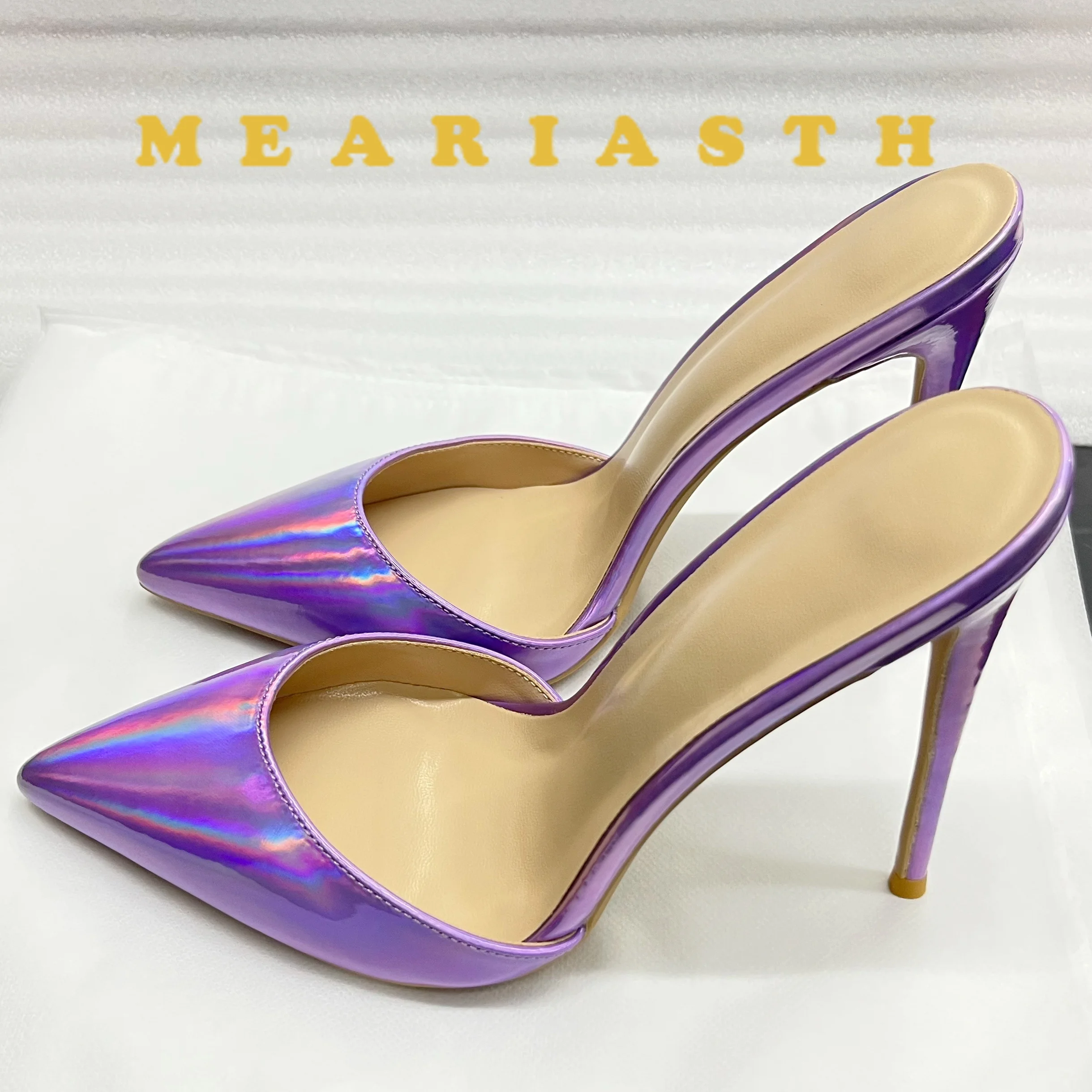 Фиолетовые туфли-лодочки на высоком каблуке с острым носком, летняя роскошная обувь на шпильке 10 см для женщин, голографические тапочки без шнуровки, элегантные сандалии