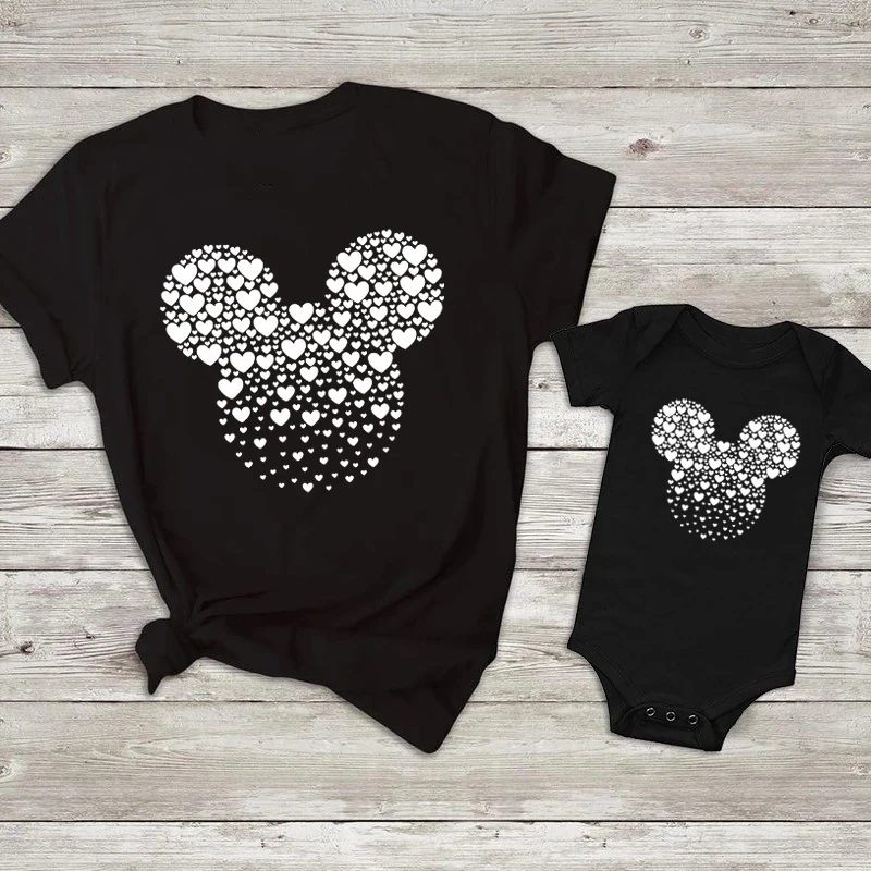 New Family Matching Outfits Heart Minnie Print Mother Daughter Son T Shirt Baby Romper Kawaii Mickey Mouse Family Look Clothes