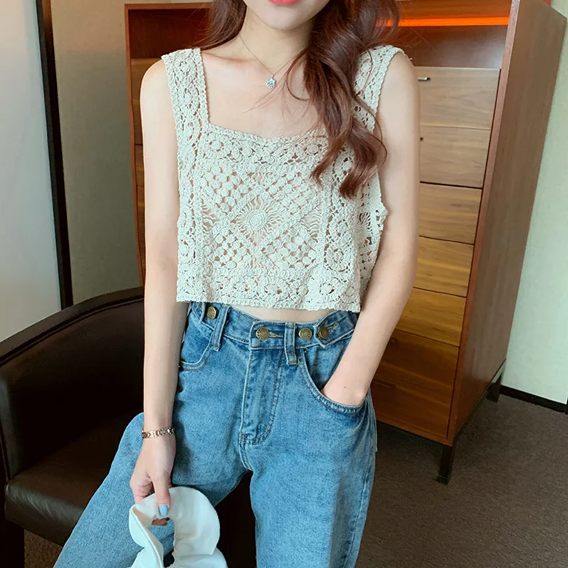 Square Collar Cotton Crochet Tank Top Sexy Knitted Hollow Out Mesh Vest Crop Top Women Femme Vintage Backless Short Tops Female