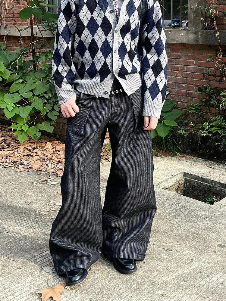 

Мужские джинсы American Vibe в стиле ретро с полосатым дизайном и складками, прямые свободные брюки с широкими штанинами, молодежные модные брюки прямого кроя